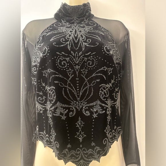 Tadashi Shoji Vintage Black Velvet Sheer Beaded Top with Mesh, Size XL - Picture 8 of 14